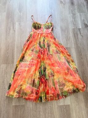 hutch amara mulit-colored print pleated tulle maxi gown dress size small NEW